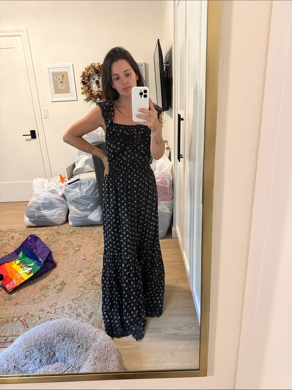 Ulla Johnson Black Maxi Dress with Pink Floral Print & Eyelet Hem 0-6